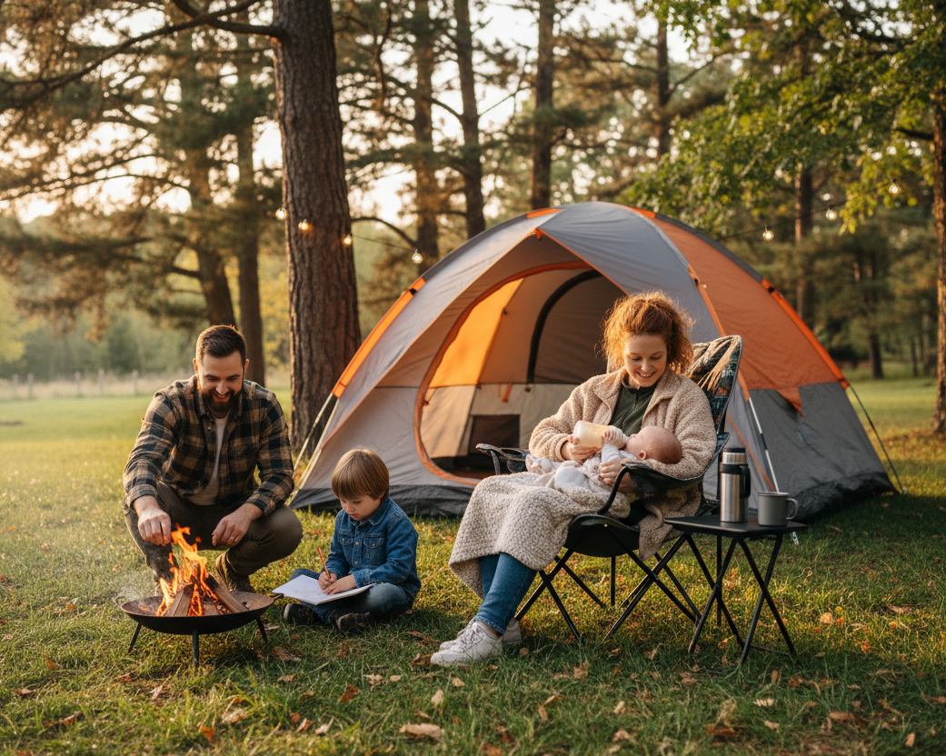 picture of family camping and baby being bottle fed by mother